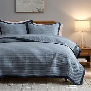 WDCOZY Queen Size Channel Striped Stitch Quilt Bedding Sets, Dusty Blue