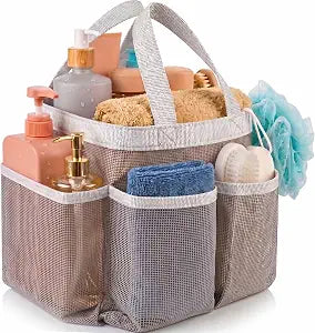 Handy Laundry Mesh Shower Caddy 7 Pocket Portable Organizer Tote for College Dorm, Gym, Travel & Bathroom Quick Dry, Collapsible, Lightweight Shower Bag with Handle (Gray)