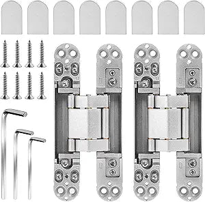 Onedaful 2 Kits 6 inch Stainless Steel Hidden Door Hinges Invisible Hinges for Door, 180 Degree Swing Concealed Hinges, 3 Way Adjustable & Heavy Duty for Secret Door (Load-Bearing Up to 170lbs)