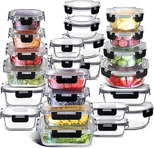 Nestl 48pc Glass Storage Containers with Lids, 24 Glass Food Storage Containers with 24 Airtight Lids for Pantry & Kitchen, Meal Prep Containers for Lunch, Oven Microwave & Dishwasher Safe, Black