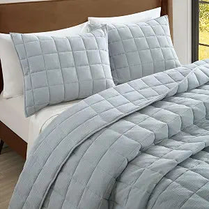 100% Cotton Muslin Gauze Comforter Set, 4" Box, Full/Queen, Dusty Blue | linen-like comforter, 3 PCS lightweight quilt set, corner loops, coverlet bedspread,4 box stitch
