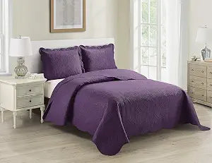 Home Collection 3pc Full/Queen Over Size Luxury Embossed Bedspread Set Light Weight Solid Dark Purple New