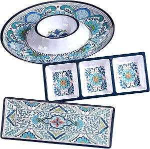 Talavera 3-Piece Melamine Hostess Serveware Set Chip & Dip Server, 3-Section Relish Tray, and 19" Rectangular Platter Colorful Southwest Serving Set for Entertaining & Outdoor Dining