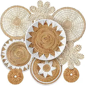 Xuhal 8 Pcs Boho Wall Basket Decor Decorative Bulrush Woven Basket Wall Decor Rustic Farmhouse Hanging Baskets for Kitchen Rustic Home Summer Decorations