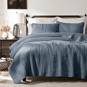 WDCOZY Blue Cross Stitch California Cal King Size Quilt Set, Oversized Striped Lightweight Soft Bedspread, Channel Farmhouse Rustic Coverlet, All Season Country Bedding, Thin Comforter