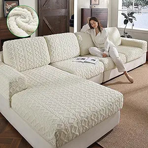 OHSIO Couch Cushion Covers, Super Soft Thicker Fleece Sofa Cover Stretch Sectional Sofa Slipcover Washable Pet Friendly Anti-Slip Stain Resistant Furniture Cover for Home(1 Chaise Cover,Ivory)