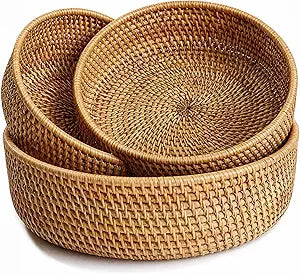 Fruit Basket Set, Wicker Basket Rattan Fruit Bowls, Round Bread Baskets, Handwoven Storage Basket, Natural Serving Bowls Kitchen Counter Dining Room Snack Vegetable 8.7, 10.2, 11.2 (Set of 3)