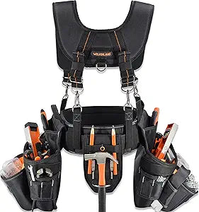 WELKINLAND 39Pockets Tool belts for men with suspenders, 4" Padded tool belt with suspenders,Carpenter tool pouch for men,Tool belts for mens construction