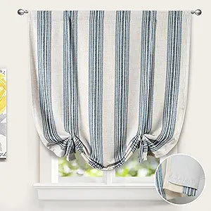 DriftAway Chris Double Layer Linen Blackout Tie Up Curtains Thermal Insulated Fully Lined Vertical Striped Balloon Roman Shade Bathroom Window Adjustable Rod Pocket 45 Inch by 63 Inch Jean Navy
