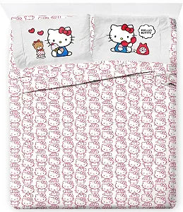 Jay Franco Sheet Set with Fitted, Flat Sheets & Pillow Cover - Ultra-Soft Bedding with Pillowcase for Room Decor, Red - Hello Kitty, 4 Piece Queen