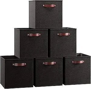 Ornavo Home 11 x 11 Storage Cube Bins, Foldable Collapsible Fabric Storage Bins Box Linen Shelf Basket Cube Organizer for Closet with Leather Handles, 6 Pack, Black