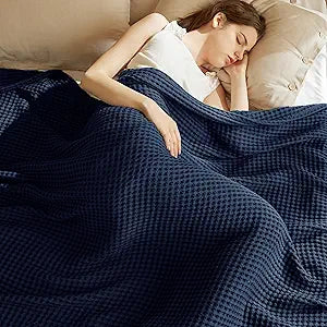 Bedsure 100% Cotton Blanket Queen Size for Spring Summer, Waffle Weave Thin Lightweight Breathable Blanket for Bed, Cotton Bedding Room Decor Gifts for Women, Men, Navy Blue, 90" x 90"