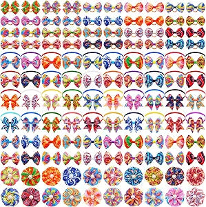 120PCS Tie Dye Dog Bows Pack Include 60PCS Dogs Collar Flowers and Bowties Attachments 20PCS Bowties with Adjustable Collar 40PCS Hair Bows for Girl Female Boy Male Dogs Grooming Accessories