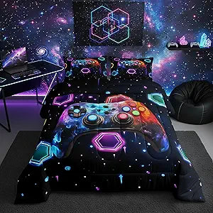 jejeloiu Gamer Boys Comforter Set Full Size Gaming Bedding Set Video Game Duvet Quilt for Kids Girls Bedroom Geometric Space Universe Decor Microfiber Modern Game Console Controller2 Pillowcase