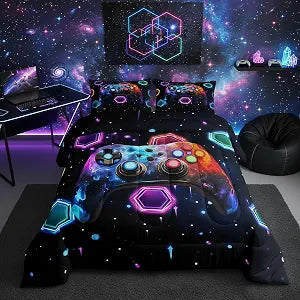 jejeloiu Gamer Boys Comforter Set Twin Size Gaming Bedding Set Video Game Duvet Quilt for Kids Girls Bedroom Geometric Space Universe Decor Microfiber Modern Game Console Controller���1 Pillowcase���