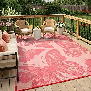 Wonnitar 8x10 Outdoor Rug, Large Waterproof Reversible Outdoor Patio Area Rug, Indoor/Outdoor Butterfly Plastic Straw Portable Camping Rug for Outside RV Balcony Garden Deck, Pink