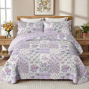 Purple Patchwork Queen Quilt Floral Queen Size Quilt 3 Pieces Full Bedding Set Reversible Soft Lightweight Bedspread Coverlet for All Season, 90"x96" (1 Quilt, 2 Pillow Shams)