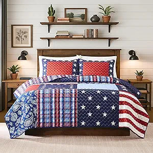 Avanti Linens Full/Queen Size Quilt Set, 100% Soft & Reversible Bedding, Patchwork Stars Stripes Paisley & Plaid Design, 3 Piece Bed Set with Matching Pillowcases (Americana)