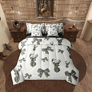 Erosebridal Camouflage 7 Piece Bedding Set Twin Deer Bow Comforter Set with Sheets Hunting Ribbon Army Bowknot Camo Rustic Bed in A Bag Brown Beige Bed Sets