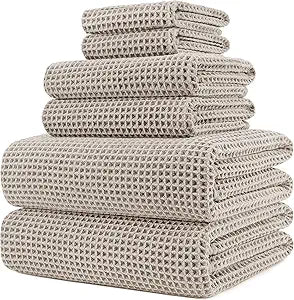 POLYTE 430 GSM Microfiber Quick Dry Lint Free Oversize Bath Towel Set, 6 Piece (Waffle Weave)