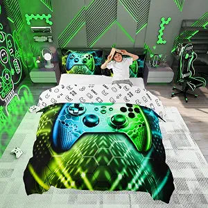 Geometric Gamepad Duvet Cover Queen Size,Modern Gamer Comforter Cover with 2 Pillowcase for Teens,Kids Blue Green Neon Bedding Set,Video Games Breathable 3 Pcs Decorative Bed Cover(No Comforter)