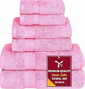 6 Piece Towel Sets, 100% Cotton Turkish Towels for Bathroom, 2 Bath Towel, 2 Hand Towel, and 2 Wash Cloth - Pink Towel Set