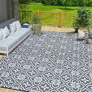 Waterproof Outdoor Rug 8x10,Outdoor Plastic Straw Rug Reversible Mat for for Patio,Porch, Balcony Rv Camping Mat Outside Mat Indoor Outdoor Area Rug Carpet (Grey&White, 8'x10')