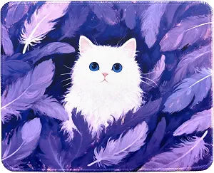 Cute Cat Purple Mouse Pad with Stitched Edge Washable White Cat Design Mousepad with Non-Slip Rubber Base for Home Office Laptop Computer Soft & Comfortable Mat Desk Accessories