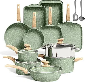 Kitchen Academy 17 Pieces Induction Cookware Set with Griddle, Green Granite Pots and Pans Set Non Stick, Healthy Nonstick Cooking Pans Set