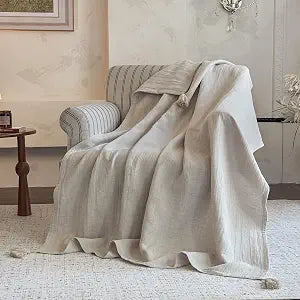 Simple&Opulence Linen Cotton Throw Blanket with Tassels, Double-Layer Knit Flax Blend Blanket Super Soft Lightweight Breathable Decorative Farmhouse for Couch Sofa Bed (90"X90",Linen)
