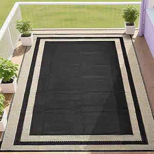 RURALITY Outdoor Rugs 9x12 Waterproof for Patios Clearance,Large Plastic Straw Mats for Backyard,Porch,Deck,Balcony,Black&Beige
