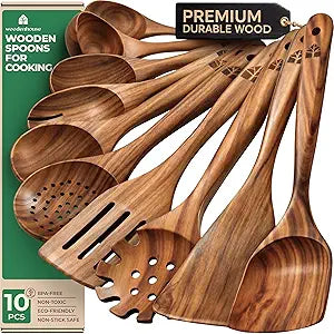 Wooden Spoons for Cooking 10 Pcs Teak Wood Utensil Set, Durable, Nonstick Safe & Heat Resistant with Ergonomic Handles