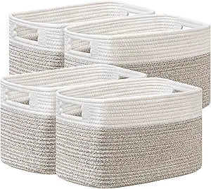 UBBCARE 4 Pack Storage Baskets for Organizing, Shelf Baskets with Handles, Woven Storage Baskets for Bookcase/Cube Shelf/Closet, 14.5"L x 9.8"W x 9"H, White&Light Brown