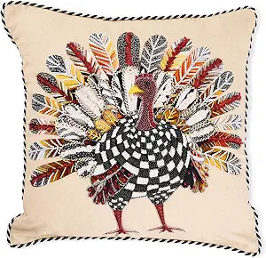 MACKENZIE-CHILDS Throw Pillow, Decorative Cotton Pillow for Thanksgiving, 20x20, Checked Turkey