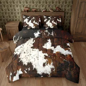 Erosebridal Brown Cow Print Queen Comforter Set 7 Piece, Simulated Black Cowhide Western Farmhouse Bedding Sets with Sheets, Rustic Highland Cow Skin Bed in a Bag with Fitted Flat Sheet, Pillowcases