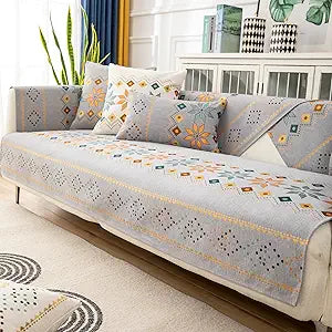 Boho Chenille Couch Covers,Geometric Couch Covers for Sofa,Chenille Couch Cover Non Slip,Sectional l Shaped Sofa Furniture Protector Cover for Home Decor,Gray_3 Seat 43x82in/110x210cm