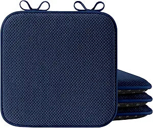 puredown Chair Cushions for Dining Chairs, Set of 4 Memory Foam Seat Cushions with Non-Slip Backing & Ties, 16" x 16" x 1.5", Comfortable & Supportive Dining Chair Pads for Kitchen, Navy