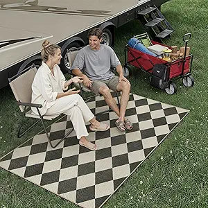 PureCozy Outdoor Patio Rug 4x6 Black/White Checkered Area Rug Linen-Look Washable Indoor Outdoor Living Room Carpet Farmhouse Neutral Non Slip Stain Resistant Door Mat for Balcony Porch Garden