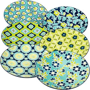 Tapestry 8.5" Porcelain Salad/Dessert Plates, Set of 6 Vibrant Assorted Floral Patterns in Aqua, Navy & Lime Everyday Dining or Entertaining Plate Set for Salads, Sides, Snacks & More