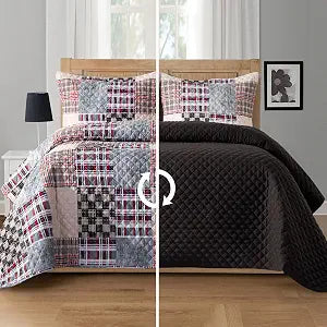 Elegant Comfort 3-Piece Plaid Patchwork Reversible Quilt - Soft Bedspread with Matching Pillow Shams, Heavy Weight Premium Stitching All Season Quilted Coverlet - Queen, Brown