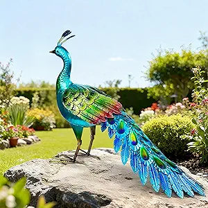 Elegant Metal Peacock Statue Vibrant Garden Statues and Durable Metal Yard Art with Stunning Blue-Green - Peacock Decort for Patio Lawn or Backyard - Heartfelt Outdoor Art Gift for Women