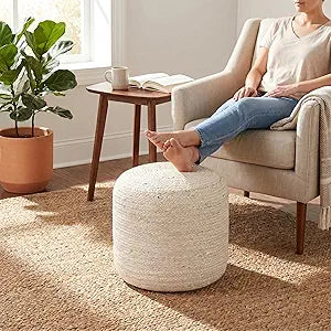 Palisa Natural Jute Pouf Ottoman 16 X 18Inch | Handwoven Round Boho Floor Pouf for Living Room Decor | Lightweight Decorative Footrest Accent Stool for Bedroom Nursery & Apartment - White