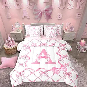 Erosebridal 7Pcs Kids Comforter Set with Sheets for Girls Coquette Bow Bed in A Bag Full Size Initial A Pink Bowknot Girls Bedding Sets Princess Monogrammed Sheets Set with Comforter