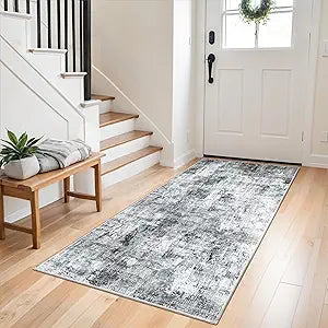 3x6 Washable Wide Runner Rug Non-Slip Floor Carpet Runner for Kitchen Entryway Hallway Bathroom, Modern Abstract Low Pile Thin Area Rug (Grey)