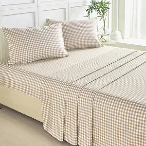 ZRNBAST Tan Gingham Queen Sheet Set Soft Brushed Taupe Plaid Bed Sheets 4-Piece Brown Grid Sheets with 16" Deep Pocket Classic Aesthetic Farmhouse Room Decor (Tan, Queen)