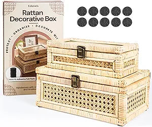 Rattan Decorative Box with Lid & Secure Lock | Decorative Box with Lids for Home Decor | Rattan Display Box | Boho Storage Box | Wicker Basket Organizer | Includes 10x Non-Scratch Felt Pads