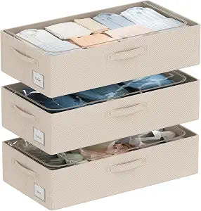 CYhom 3Pcs Under Bed Storage Bins with Metal Frame - Shoe Organizer for Closet with Clear Cover Oxford Fabric Sturdy Underbed Container Foldable Stackable Clothes Organizer (Beige, 23.5x11.8x6.3)