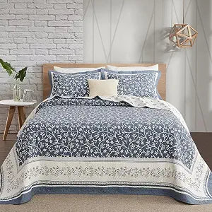 Oversized California King Bedspread - 100% Cotton Lightweight Quilted Coverlet - Soft Reversible Bedding, Botanical Floral Design - Includes 1 Bedspread (128x120)+2 Pillowshams Grayish-blue