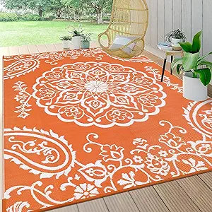 Pauwer Waterproof Outdoor Rug 8x10, Reversible Plastic Straw Patio Camping Rug, Indoor Outdoor RV Mat Carpet for Deck, Camper, Porch, Balcony, Backyard, Picnic, Boho Orange