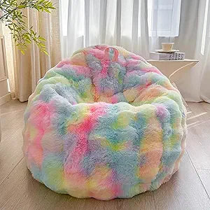 LIFEREVO Fluffy Faux Rabbit Fur Bean Bag Cover (No Filler), Soft Fuzzy Stuffed Animal Storage Bubble Waffle Bean Bag Chair for Plush Toys, Comfy Shaggy Furry Beanbag Cover Kids Girls Adults, Rainbow
